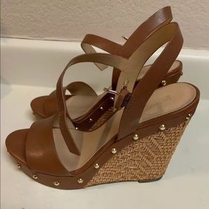 Michael Kors Ellen Brown Leather Wedge Sandals